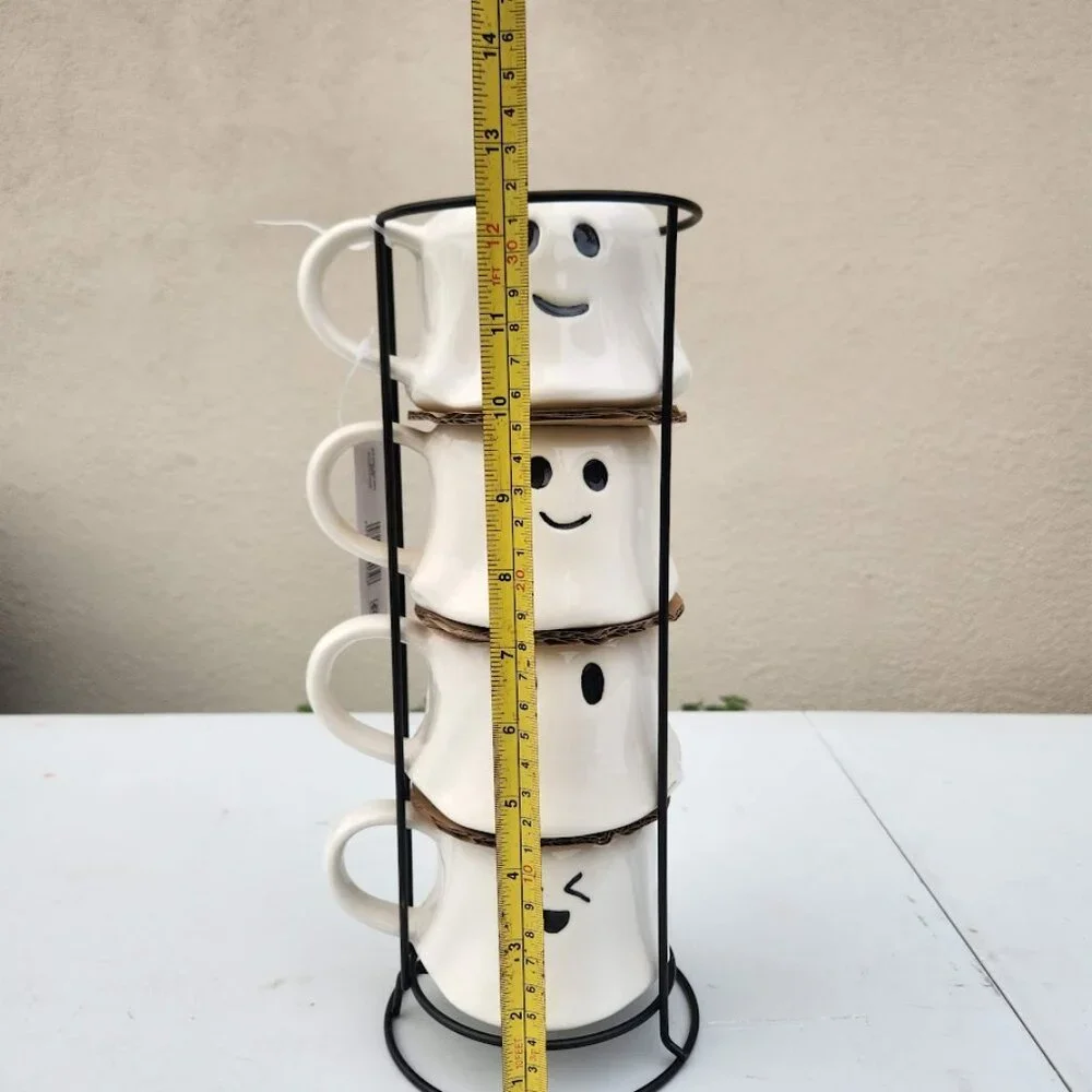 NEW Ceramic Ghost Mugs Mug Set of 4 Stacking Stackable White Stoneware Can hold